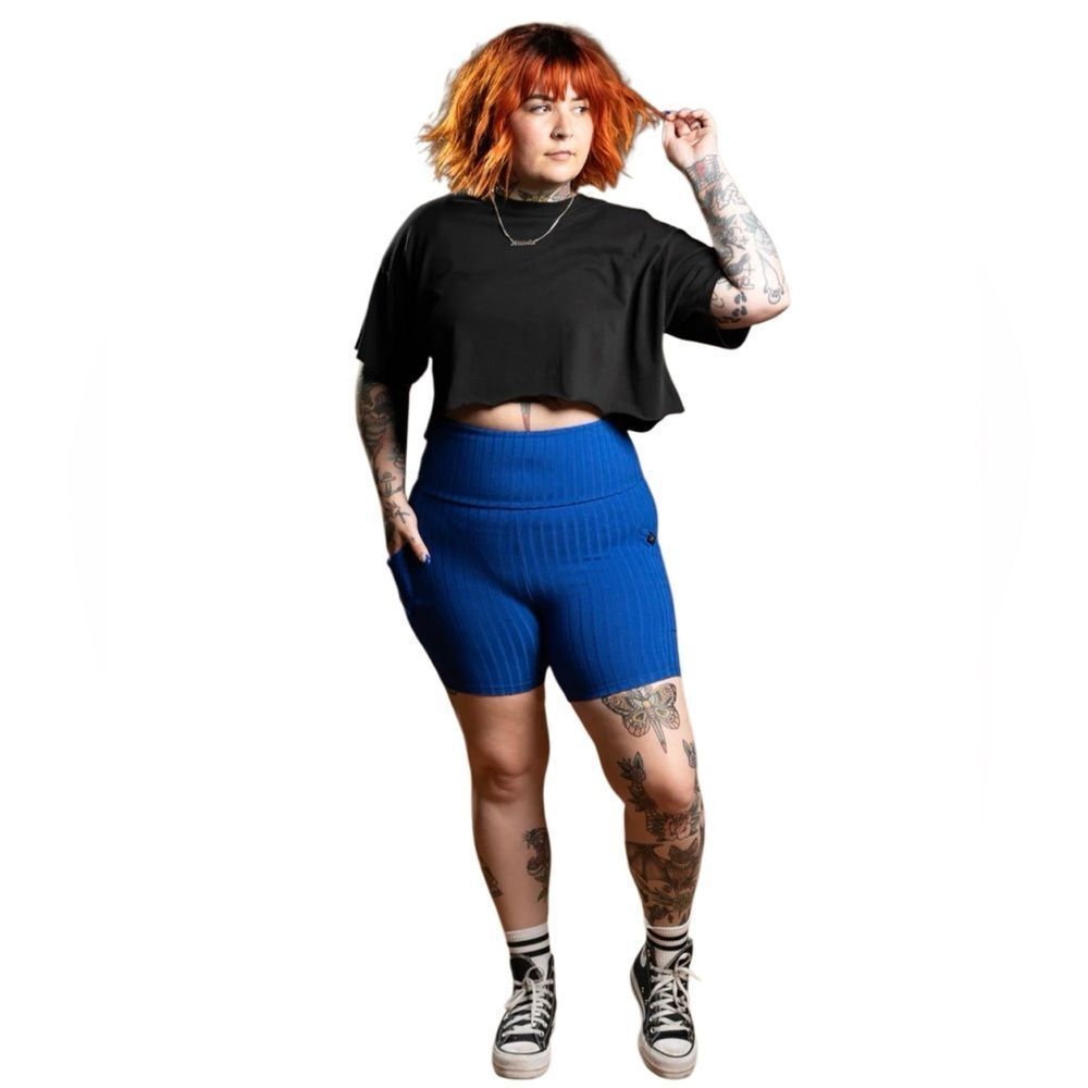 High-Waist Ribbed Blue Women’s Bike Shorts